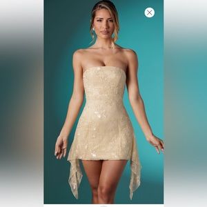 OH POLLY Embellished Lace Bandeau Mini Dress in Ivory